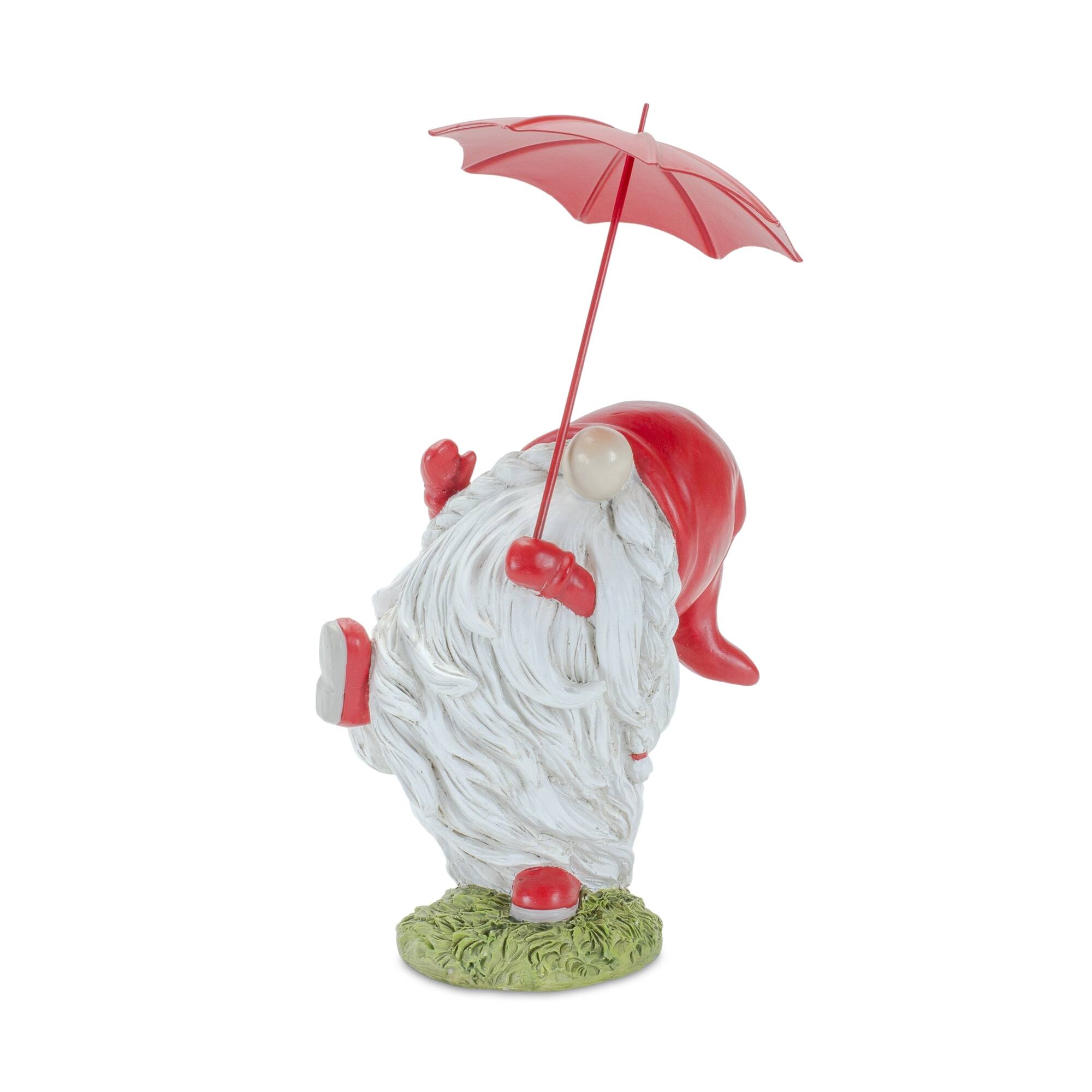 Back. BreeBe - Whimsical Dancing Garden Gnome Figurine with Umbrella (Set of 4) - White.