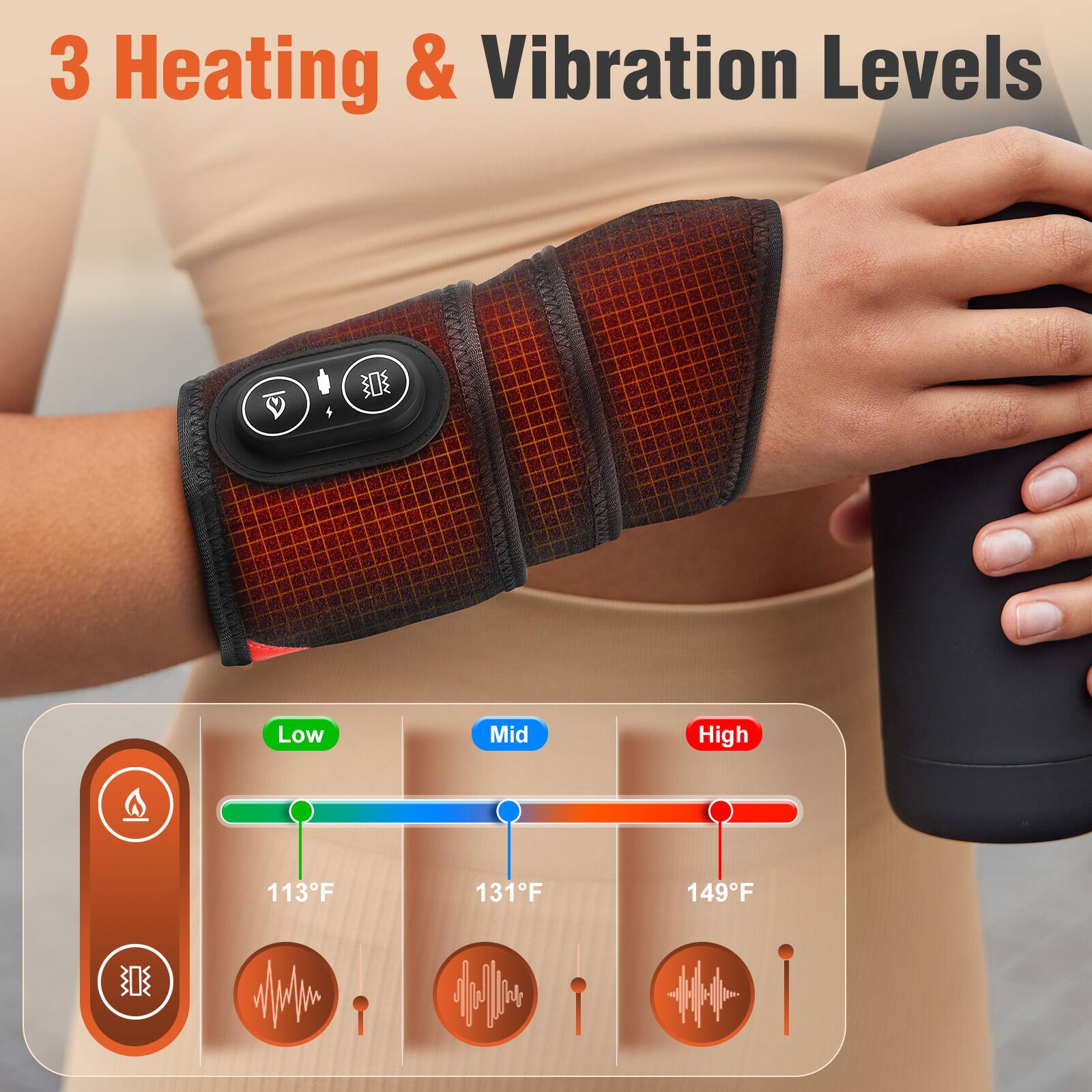 3 Heating & Vibration Levels  
Low: 113°F  
Mid: 131°F  
High: 149°F