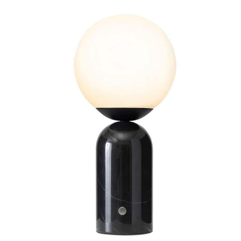 Brightech - Mila Tall LED Modern Contemporary Round Globe Dimmable Bedside Nightstand Desk Lamp with Frosted White Glass Shade - Glossy Classic Black Marble