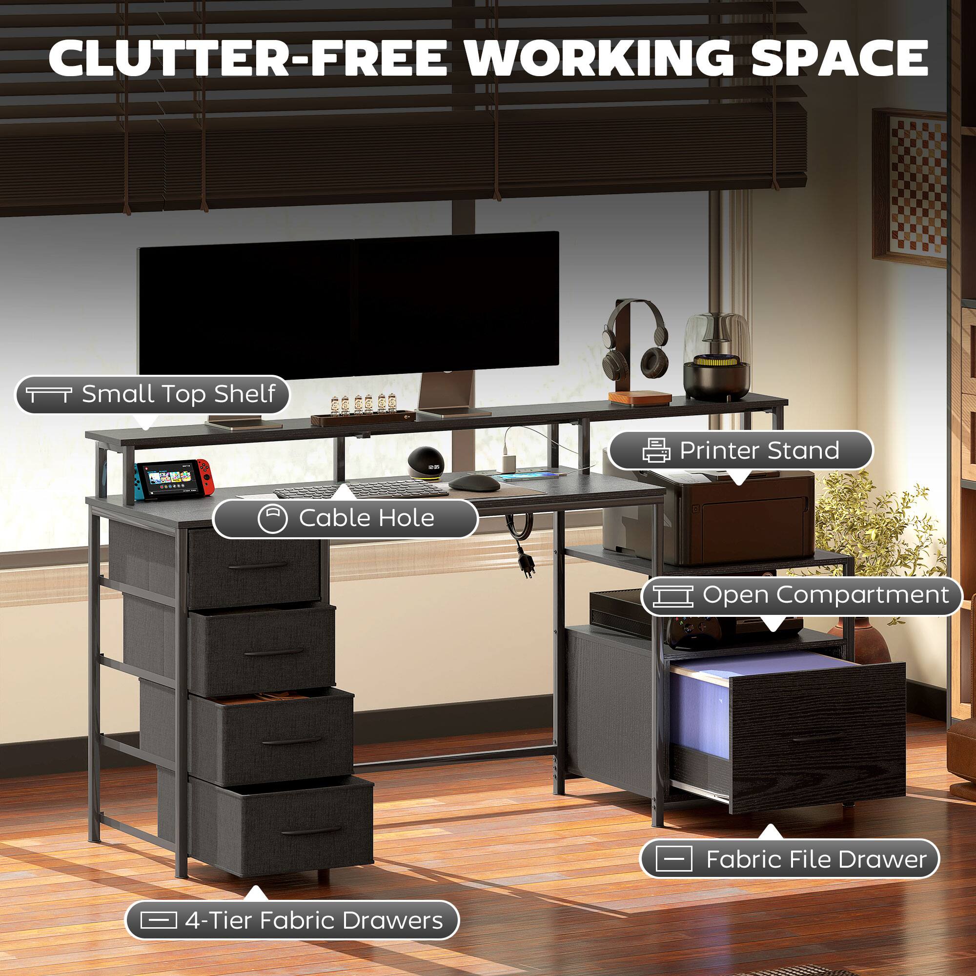 CLUTTER-FREE WORKING SPACE Small Top Shelf Printer Stand Cable Hole Open Compartment Fabric File Drawer 4-Tier Fabric Drawers