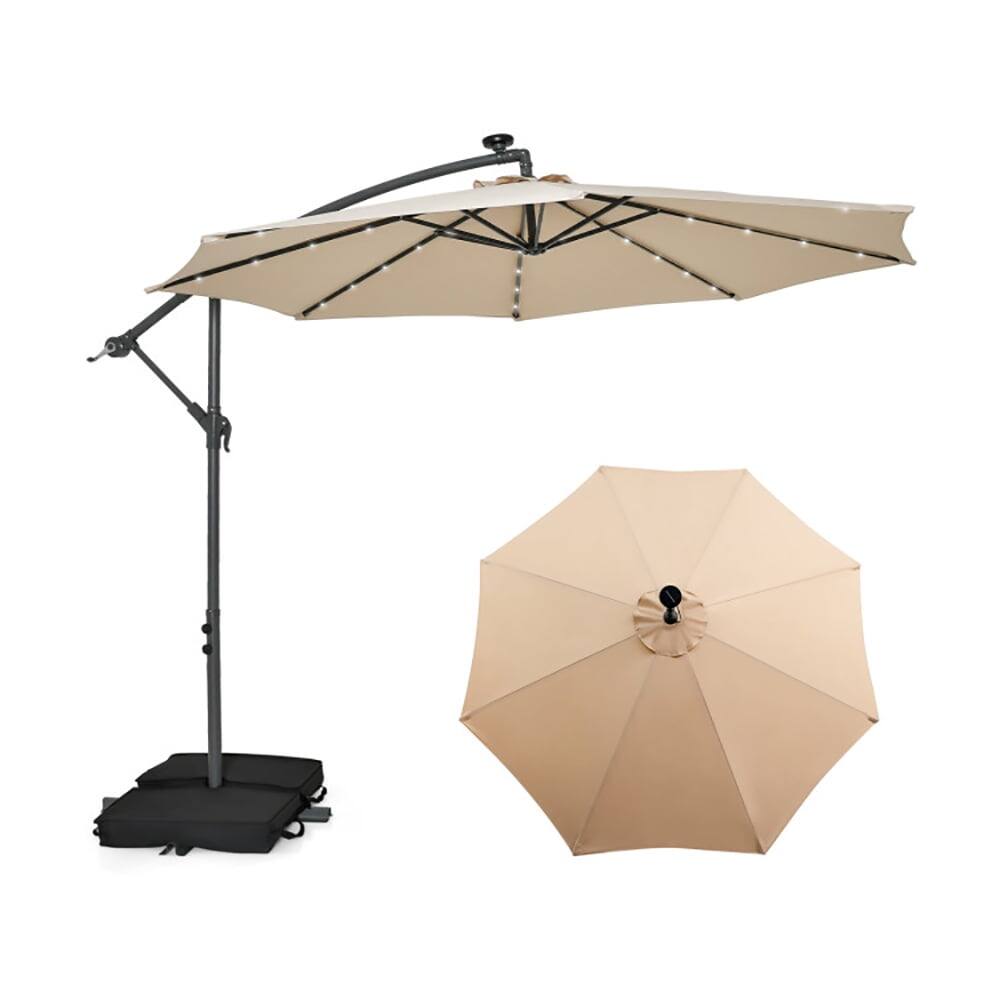 Kadyn - 10 Feet Cantilever Umbrella with 32 LED Lights and Solar Panel Batteries-Beige, Patio Offset Umbrella