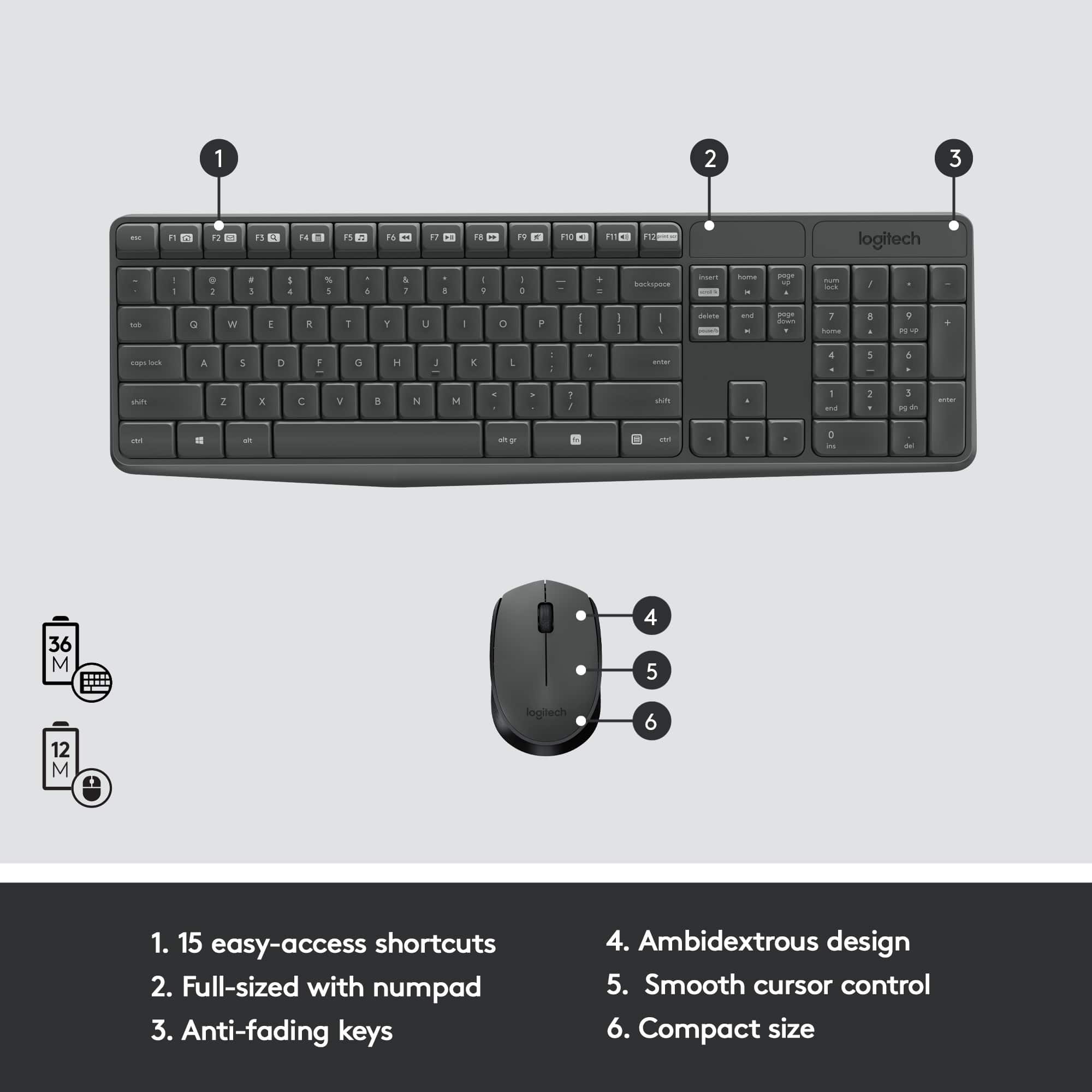 1. 15 easy-access shortcuts
2. Full-sized with numpad
3. Anti-fading keys
4. Ambidextrous design
5. Smooth cursor control
6. Compact size