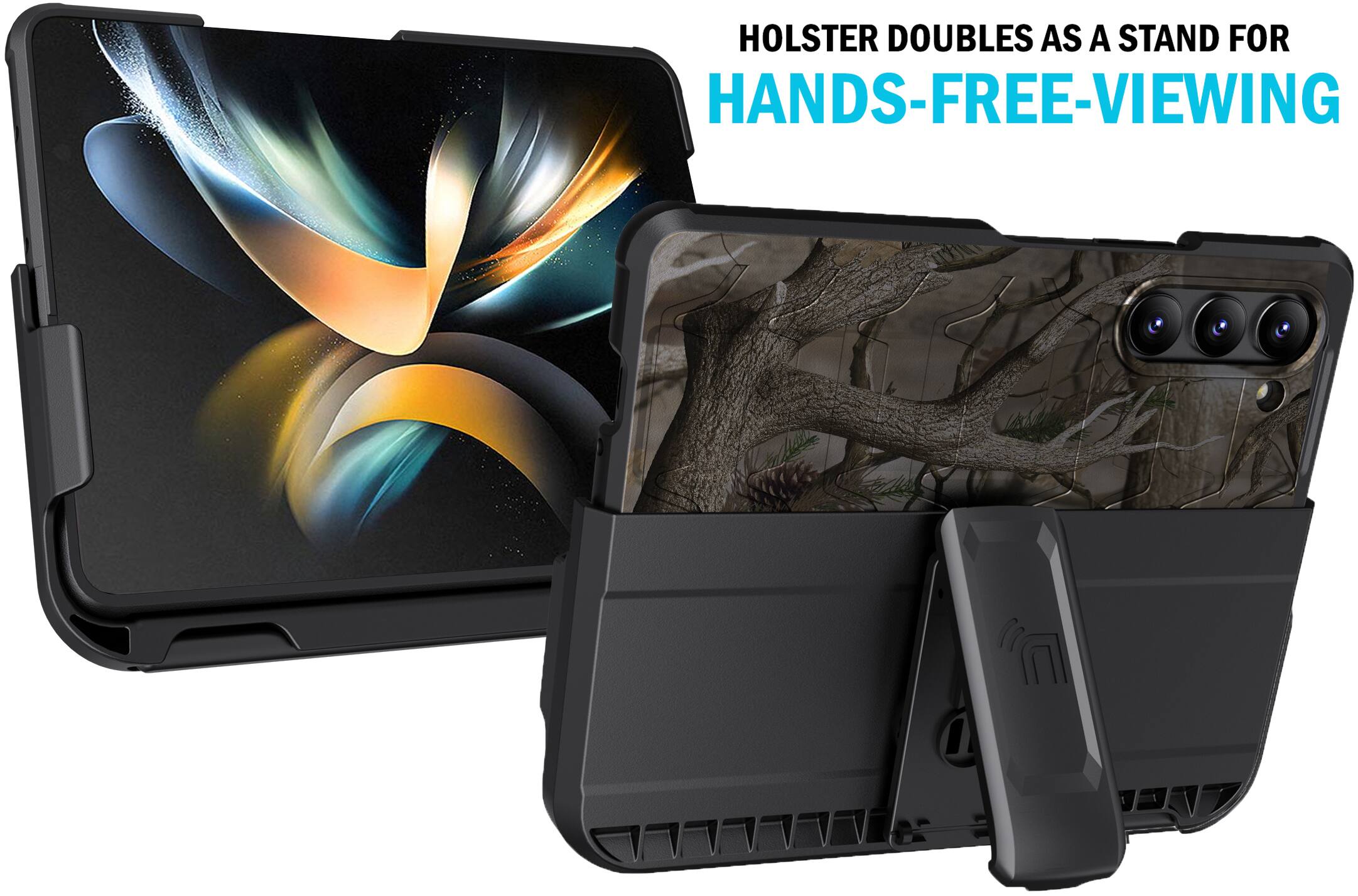 HOLSTER DOUBLES AS A STAND FOR HANDS-FREE VIEWING