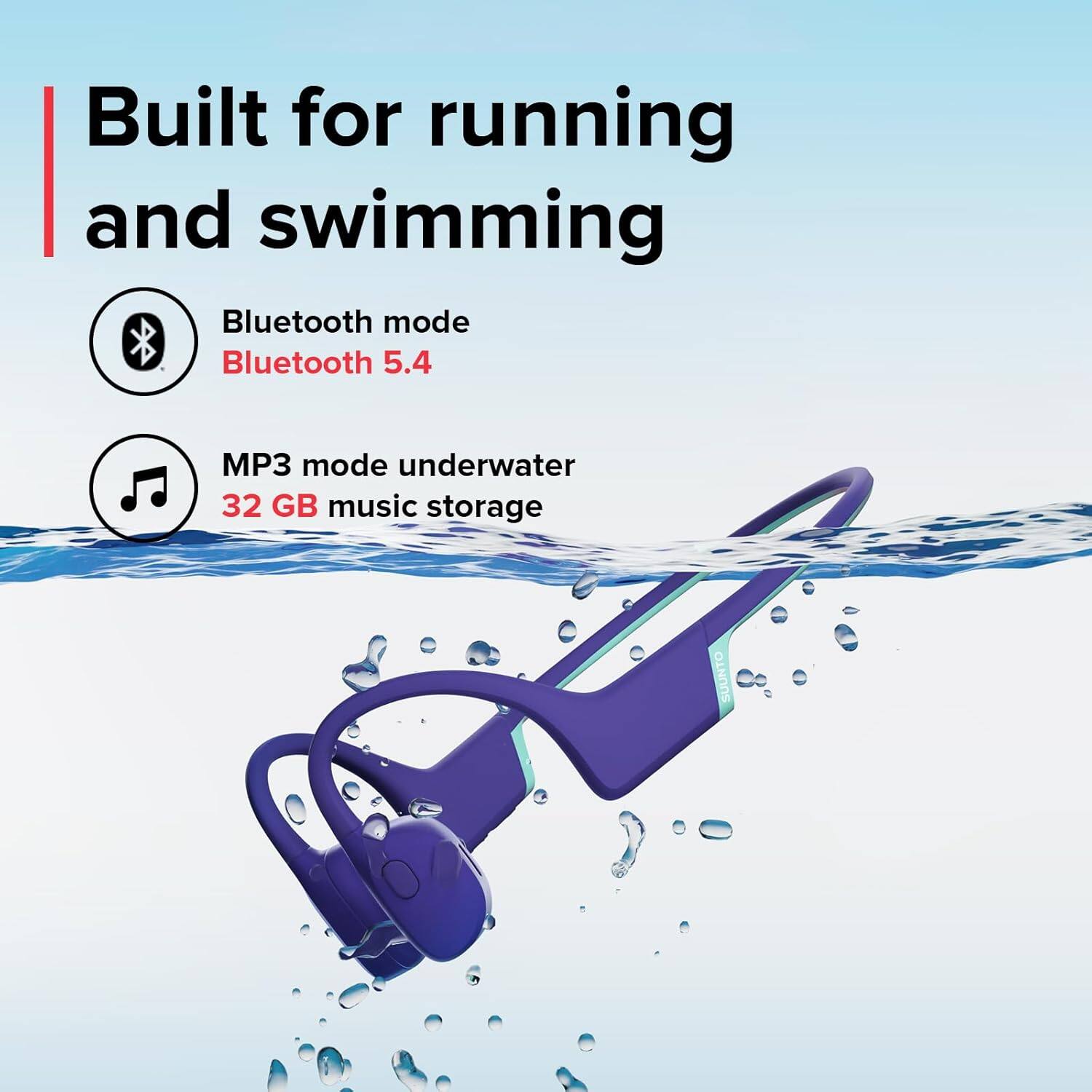 Built for running and swimming

- Bluetooth mode
  - Bluetooth 5.4

- MP3 mode underwater
  - 32 GB music storage