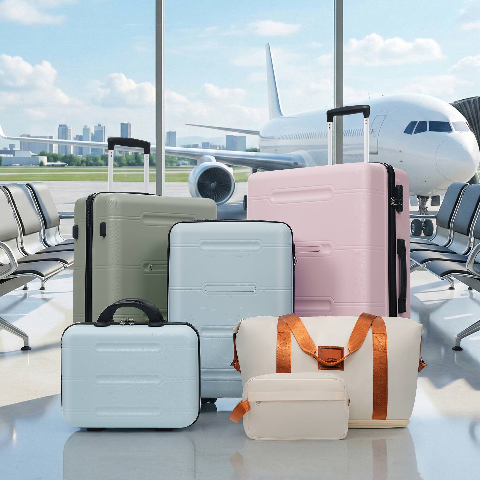 Alt View 10. Ecooso - 6-Piece ABS Hard Shell Luggage Set with Double Spinner Wheels, Password Lock, 14" Case, Duffel & Toiletry Bag - Blue,Green,Pink.