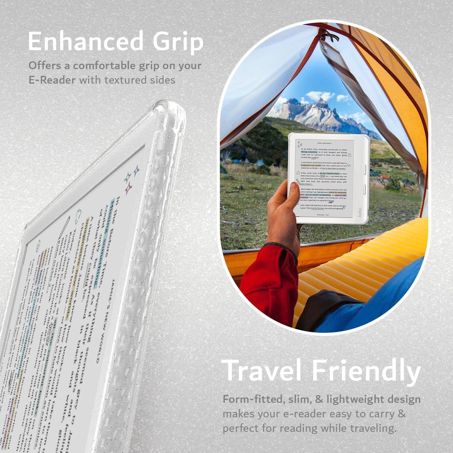 Enhanced Grip  
Offers a comfortable grip on your E-Reader with textured sides  

Travel Friendly  
Form-fitted, slim, & lightweight design makes your e-reader easy to carry & perfect for reading while traveling.