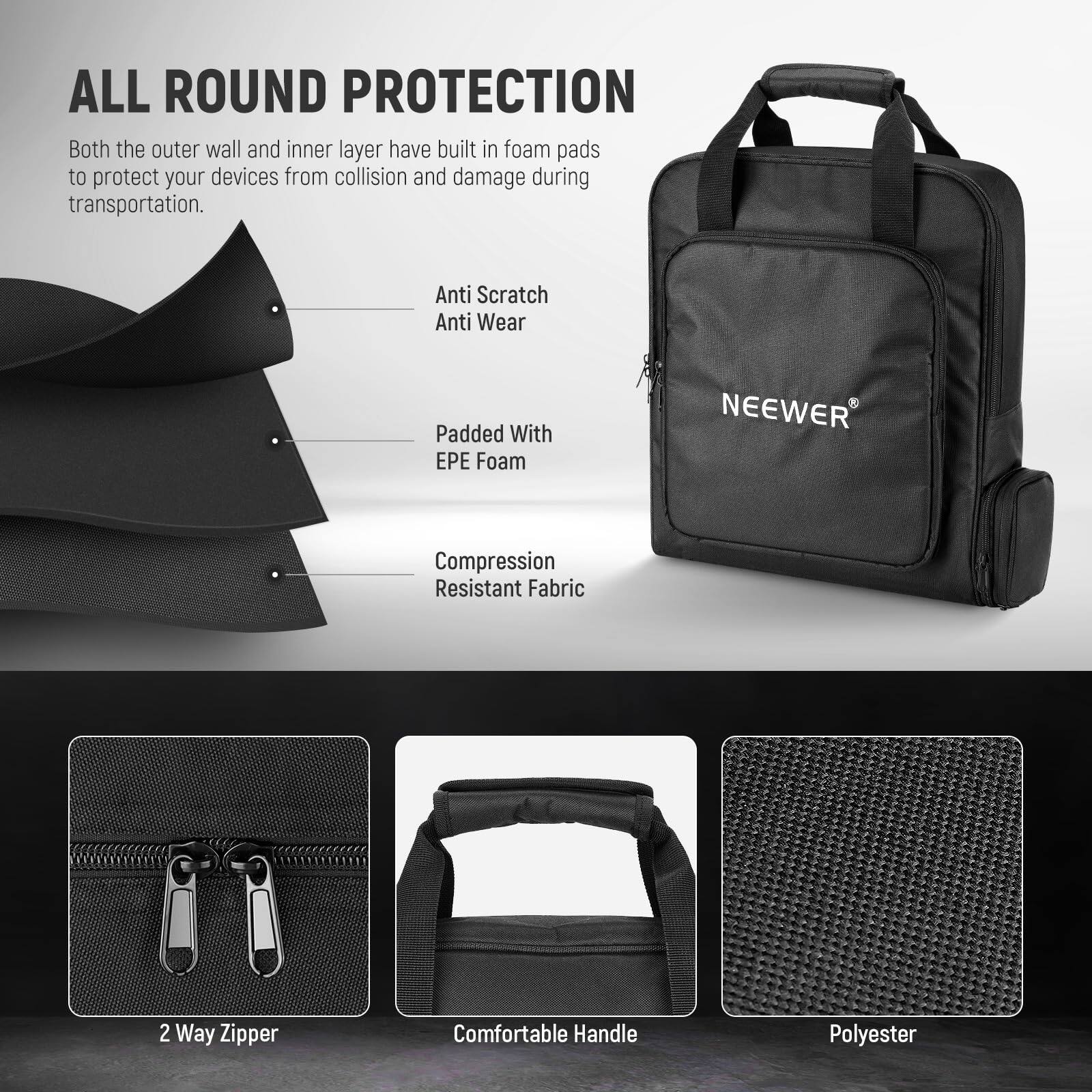 ALL ROUND PROTECTION  
Both the outer wall and inner layer have built in foam pads to protect your devices from collision and damage during transportation.

- Anti Scratch  
- Anti Wear  
- Padded With EPE Foam  
- Compression Resistant Fabric  
- 2 Way Zipper  
- Comfortable Handle  
- Polyester