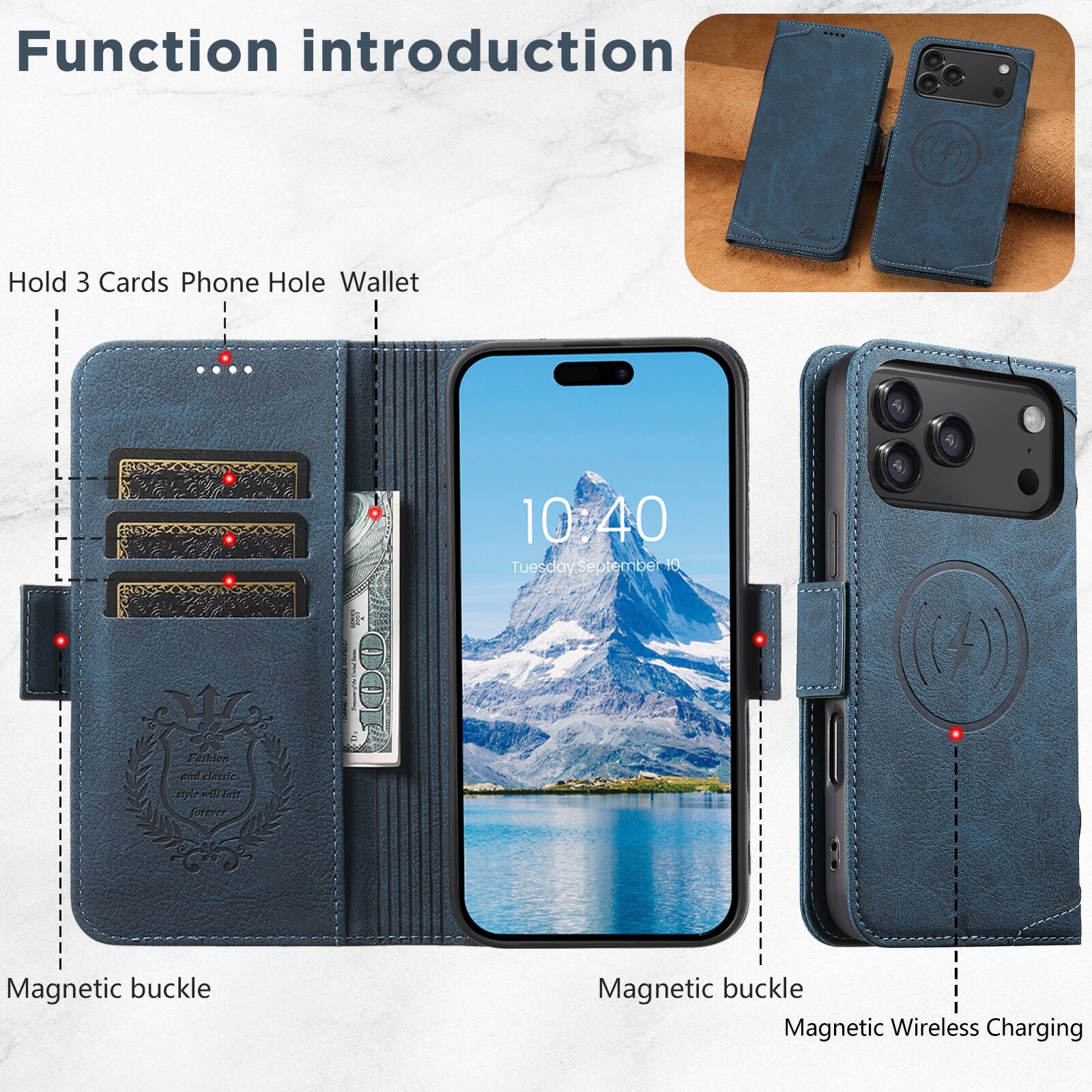 Function introduction

Hold 3 Cards Phone Hole Wallet

10:40
Tuesday September 10

Magnetic buckle
Magnetic buckle
Magnetic Wireless Charging