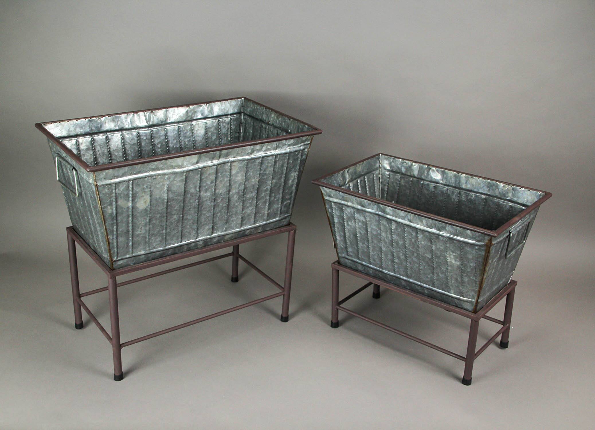 Alt View 2. Zeckos - Set of 2 Galvanized Zinc Finish Metal Tub Planters On Stands - Silver.