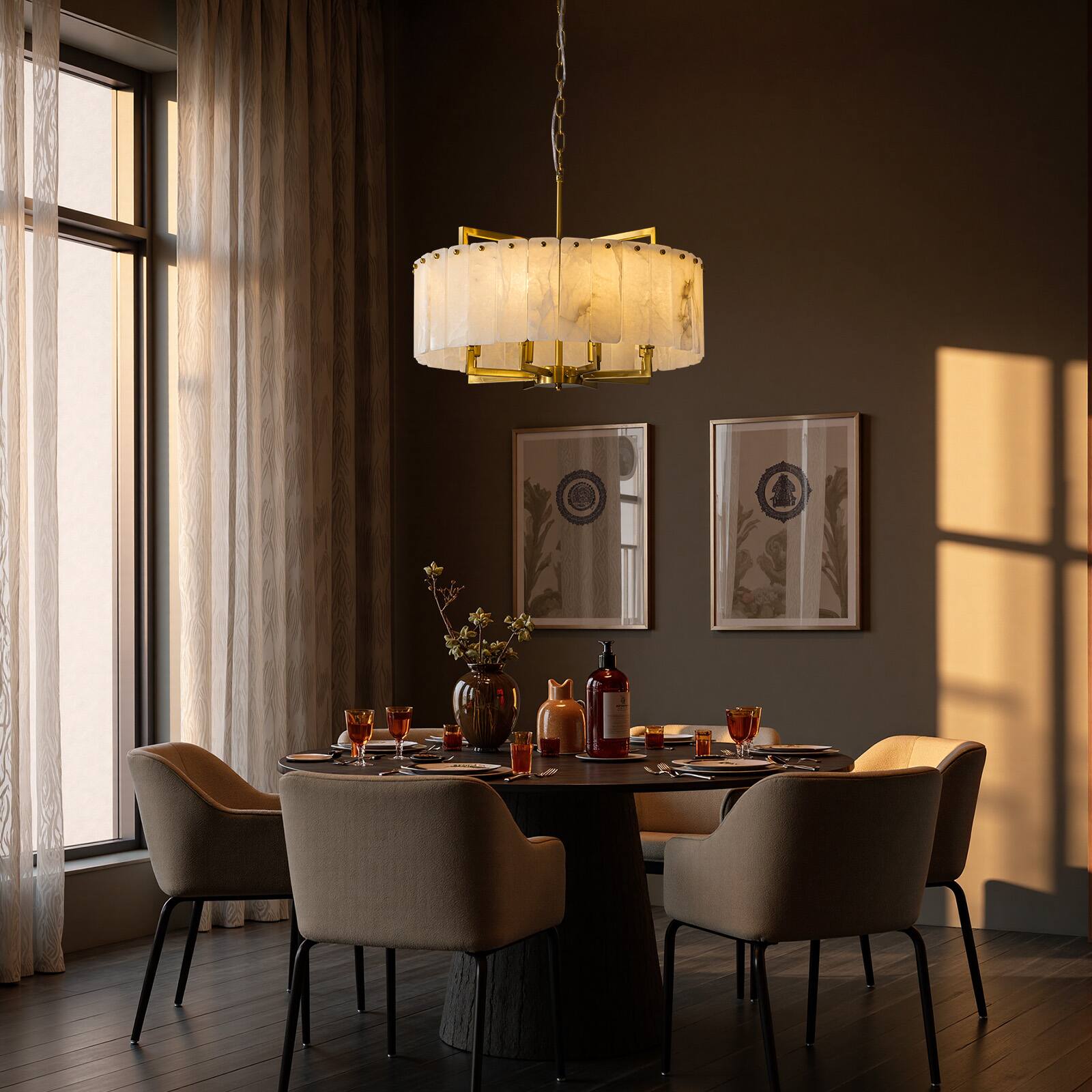 Back. Siljoy - 24 Inch Alabaster Round Chandelier, Modern Luxury 8-Light Brass Marble Pendant Light for Living Dining Entryway - Gold Brass.