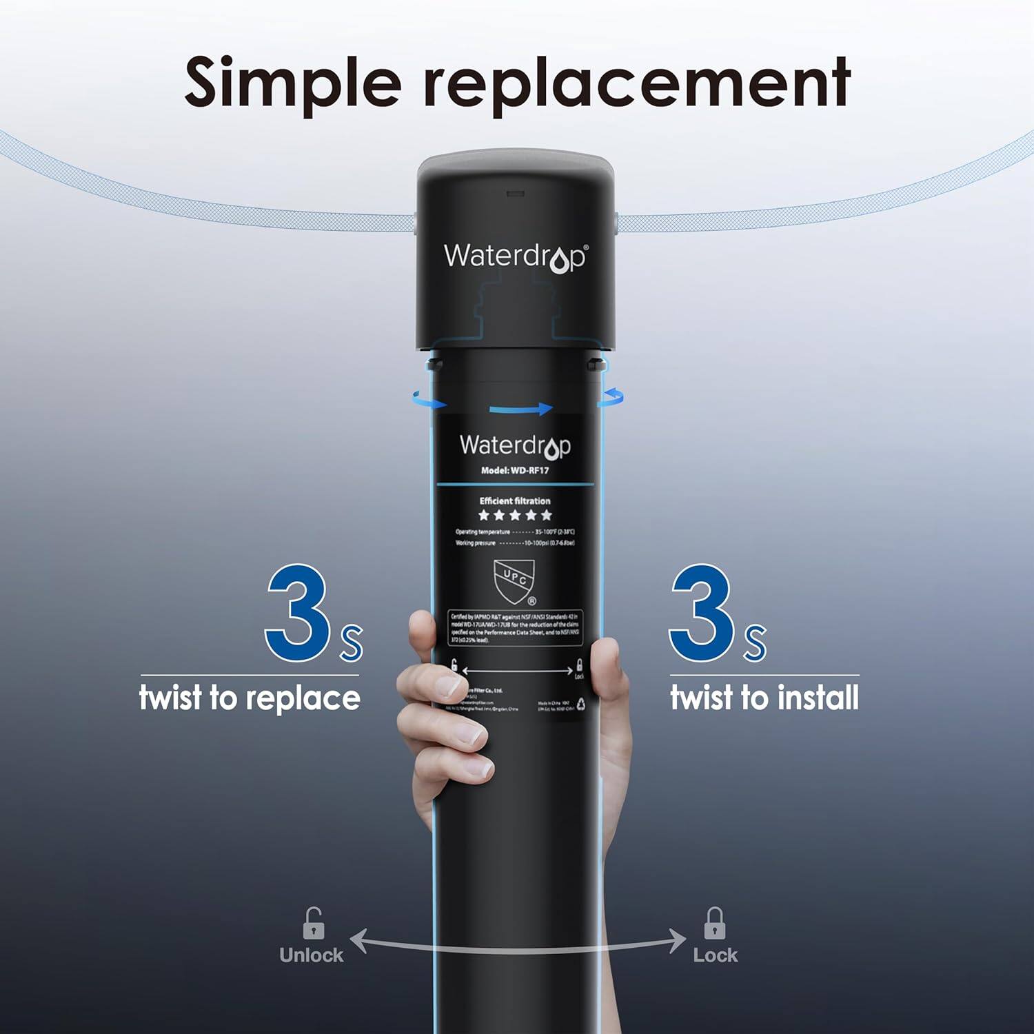 Simple replacement
Waterdrop
Waterdrop Model WD-RP17
Efficient Filtration
3s S twist to replace
3s S twist to install
Unlock
Lock