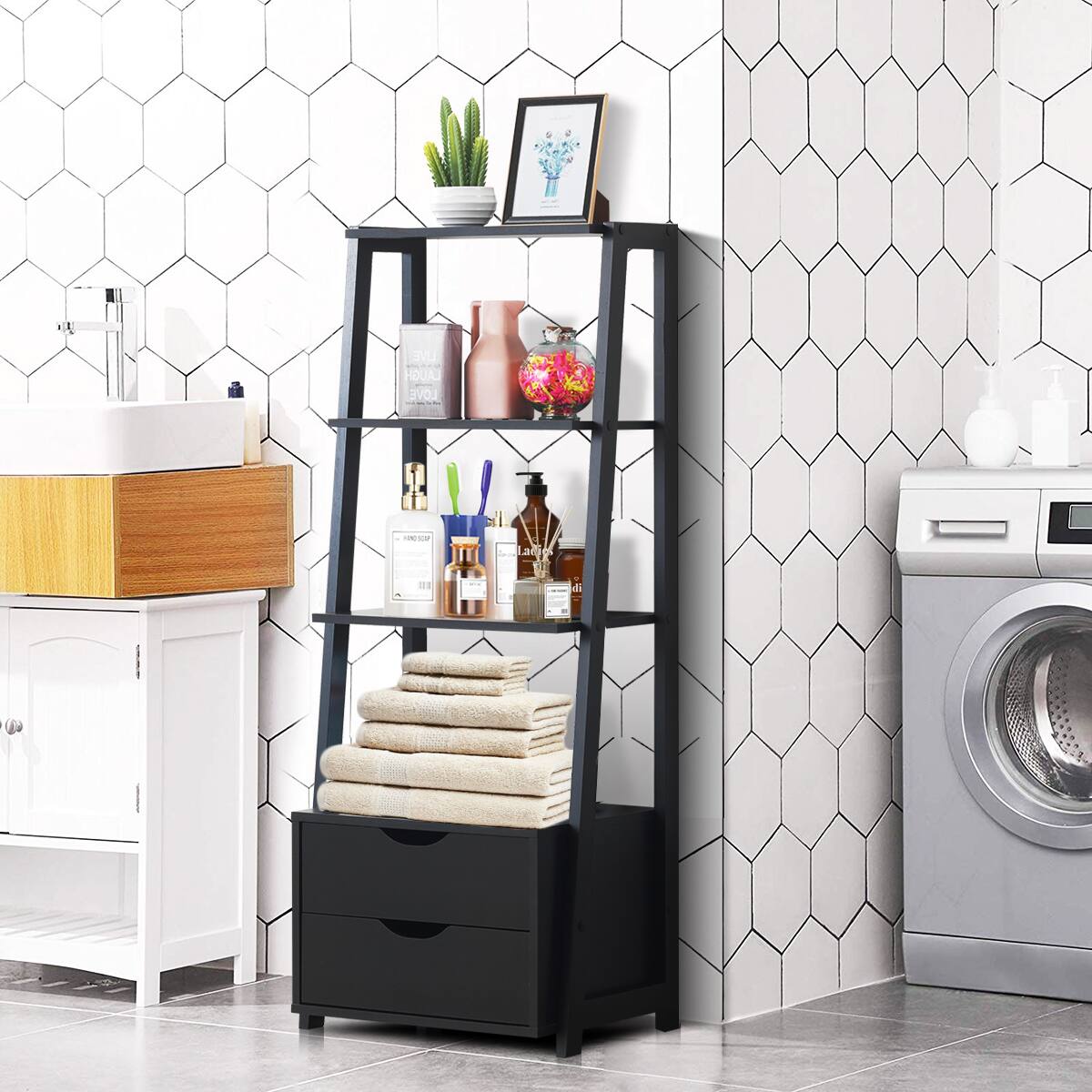 I'm sorry, but the text you provided does not seem to be related to the image. The image shows a bathroom with a shelf, a sink, and a washing machine. The shelf is filled with towels and various toiletries. The bathroom has a tiled wall, and the shelf is positioned next to the washing machine.