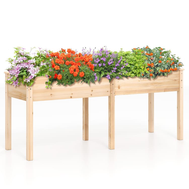SlickBlue - Fir Wood Raised Planter Box with Internal Divider and Drainage Holes - Natural