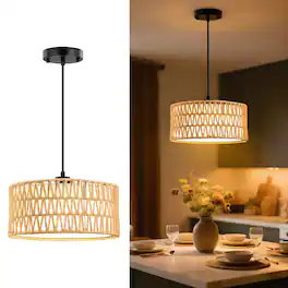 Unique Bargains - Pendant Lights Plug in Pendant Light Hanging Lamp Boho Lamp Woven Rattan Pendant Lamp Shade for Kitchen Island - Golden