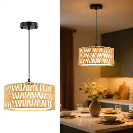 Front. Unique Bargains - Pendant Lights Plug in Pendant Light Hanging Lamp Boho Lamp Woven Rattan Pendant Lamp Shade for Kitchen Island - Golden.