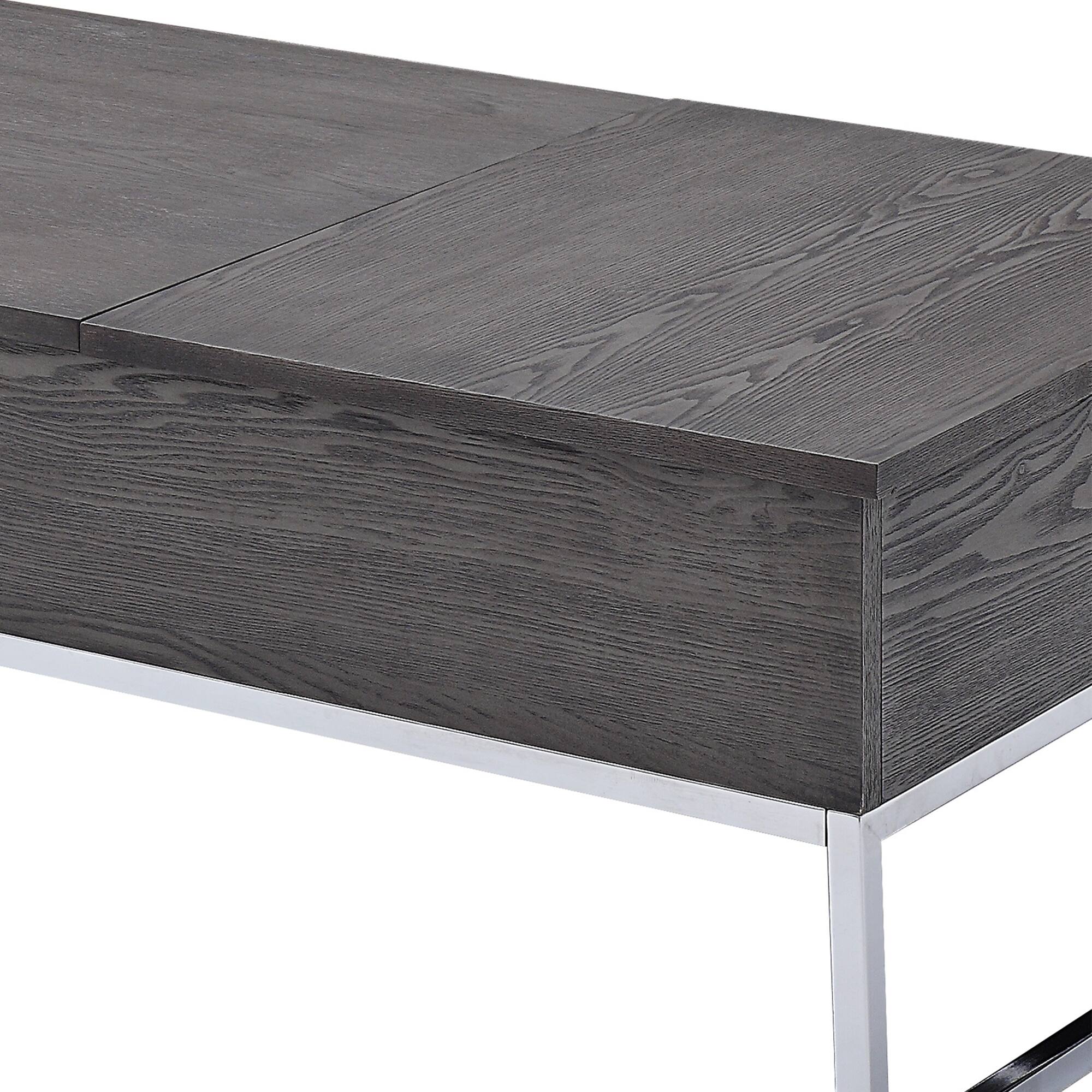 Alt View 2. Manhattan Lane - Wooden Coffee Table with Two Lift Tops and Metal Sled Leg Support - Gray and Silver.