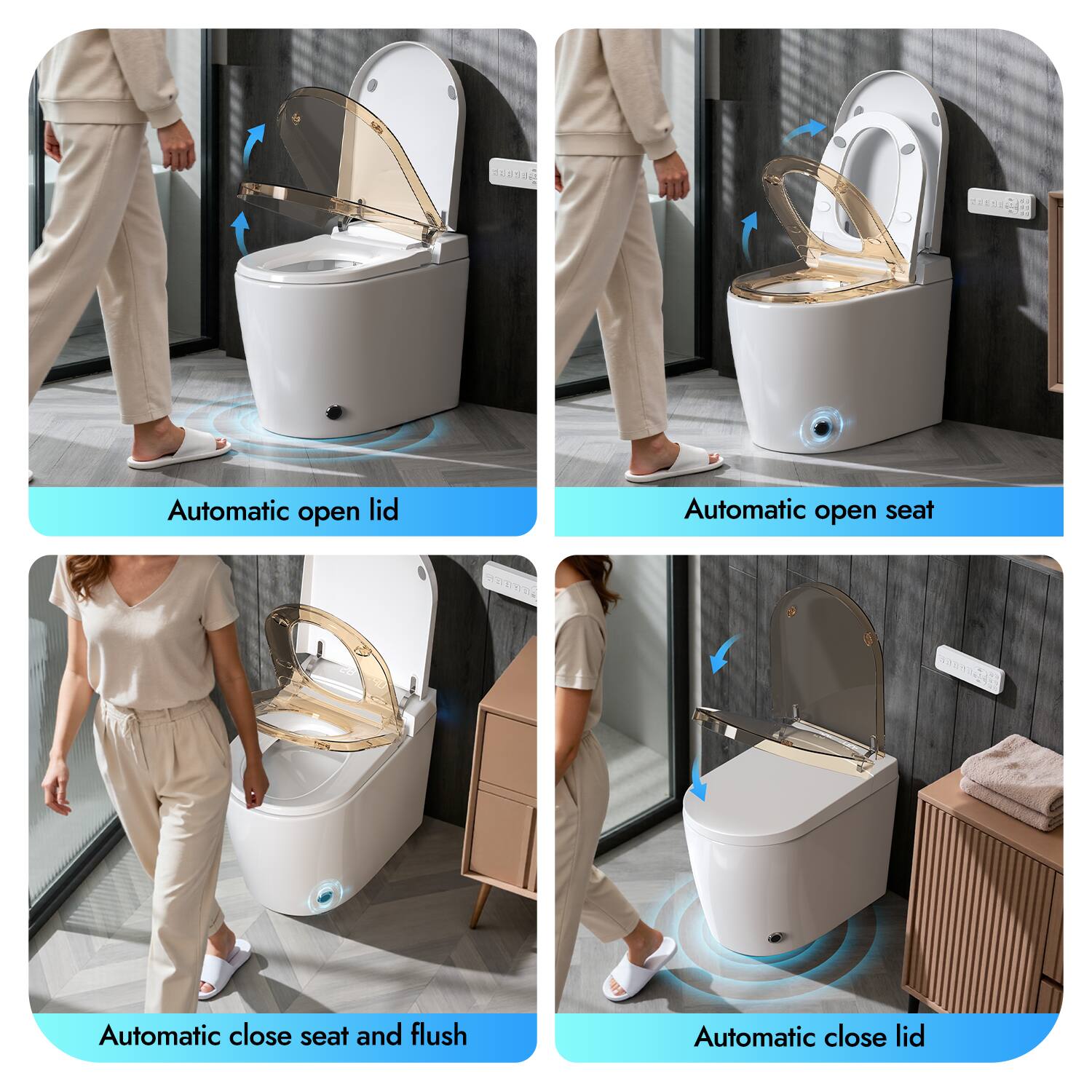 - Automatic open lid
- Automatic open seat
- Automatic close seat and flush
- Automatic close lid