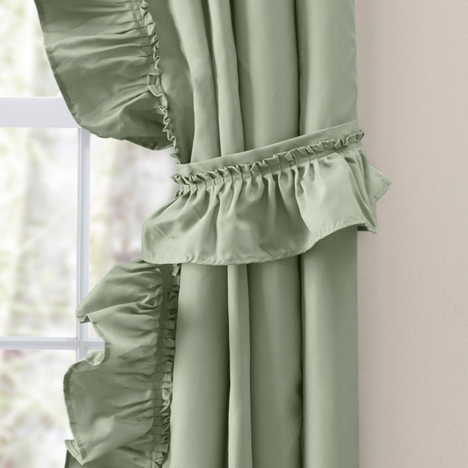 Alt View 1. Ellis Curtain - ELLIS 70% Polyester 30% Cotton Stacey Ruffled Prscilla Pairs With Tiebacks 54" x 84" Sage - Sage.