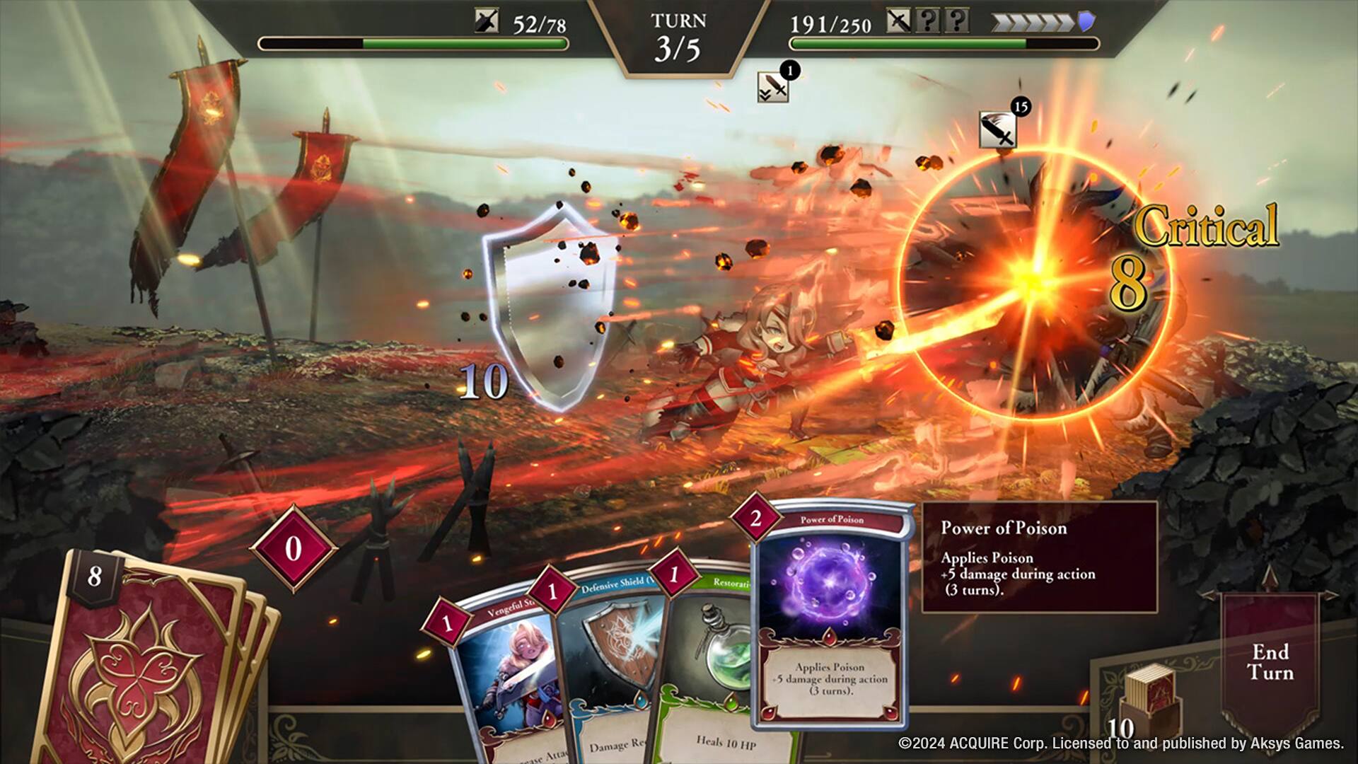 52/78  
TURN 3/5  
191/250  

Critical 8  

15  
8  
10  
8  
M  
0  

Shield (1)  
Delenive  
Vengeful  
1  
Arta  
Damage  
Release  
2  
Restoration  
Heals 10 HP  

Power of Poison  
Applies Poison +5 damage during action (3 turns).  

End Turn  

ACQUIRE Corp. Licensed to and published by Aksys Games.