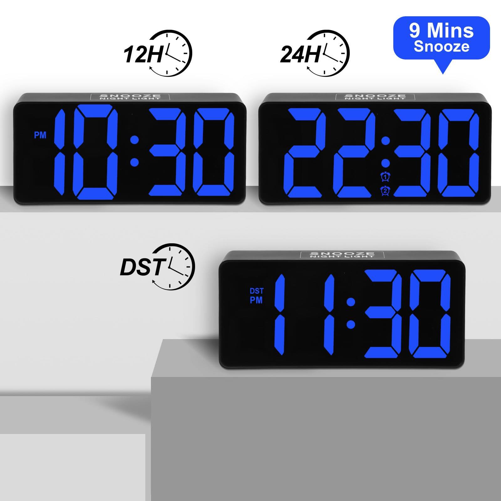 - 12H: 10:30 PM
- 24H: 22:30
- DST: 11:30 PM
- 9 Mins Snooze