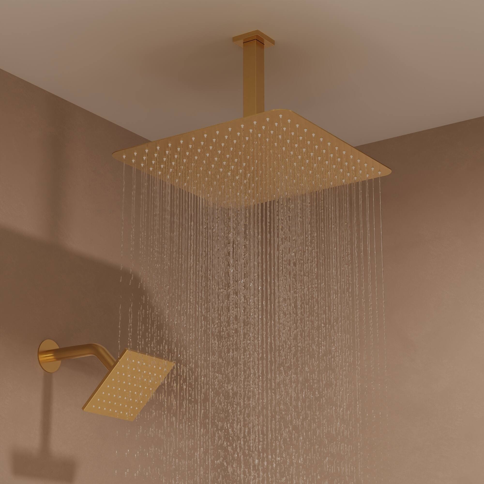 Alt View 9. GRANDJOY - 16" Thermostatic Shower System with Dual Rainfall Shower Heads, Handheld Sprayer, and Six Body Jets for Luxury Bathroom - Brushed Gold.