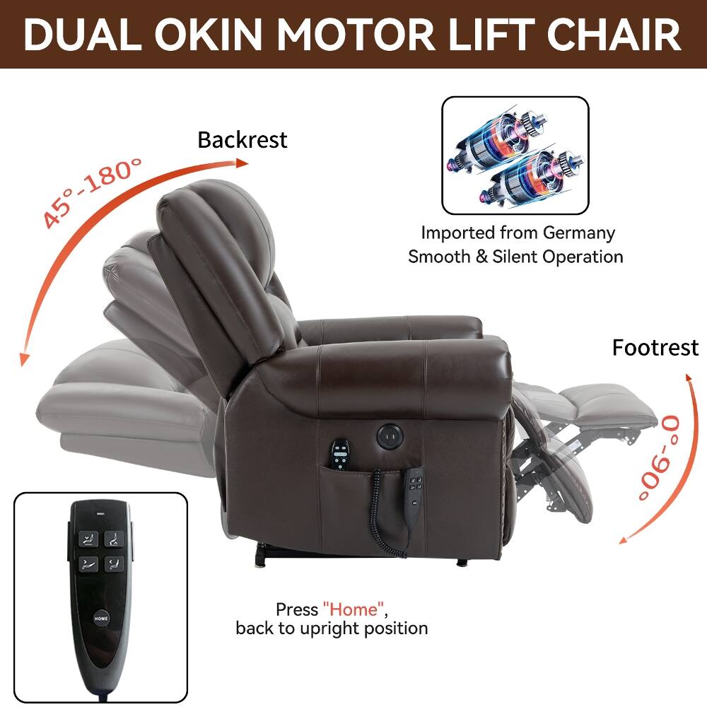 DUAL OKIN MOTOR LIFT CHAIR  
Backrest: 45°-180°  
Footrest: 0°-90°  
Imported from Germany  
Smooth & Silent Operation  
Press "Home" to return to upright position