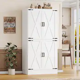 Aheaplus - 70'' Tall Kitchen Pantry Cabinet with Drawer and Adjustable Shelves, 4 Barn Door Pantry for Dining, Kitchen - White