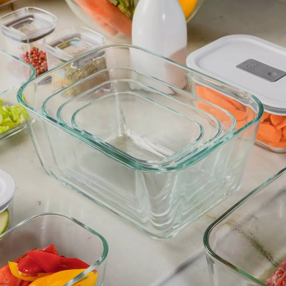 Alt View 7. OU - OU Glass Food Storage Container Set 8pc (set of 4) Leak Proof Lid with Microwave Valve, Stackable.