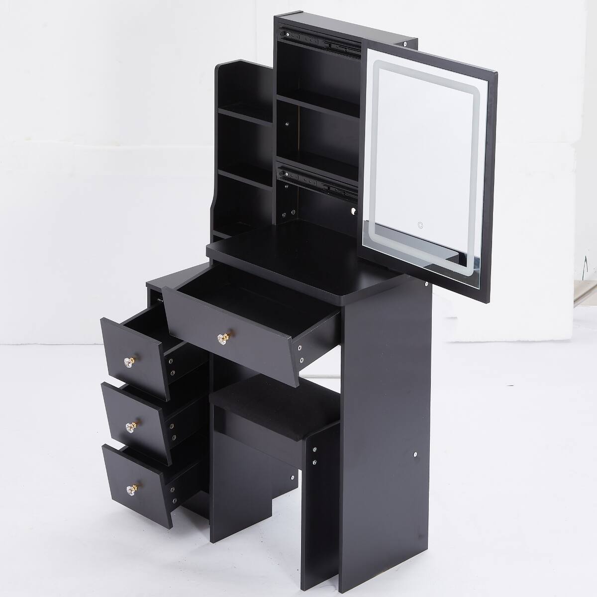 Alt View 6. Loheer - Loheer Small Bedroom Makeup Vanity with Touch Control LED Mirror and Padded Stool - Black.