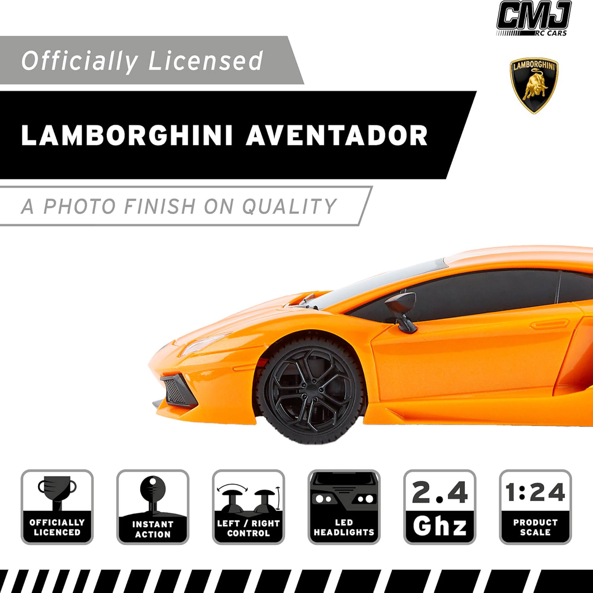 Officially Licensed CJ RC CARS Lamborghini Aventador. A photo finish on quality. Instant action left/right control. LED control headlights. 2.4 Ghz. 1:24 product scale.