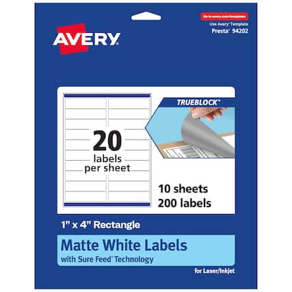 Go to avery.com/templates
Use Avery Template Presta® 94202
TRUEBLOCK®
20 labels per sheet
10 sheets 200 labels
1" x 4" Rectangle
Matte White Labels with Sure Feed® Technology for Laser/Inkjet