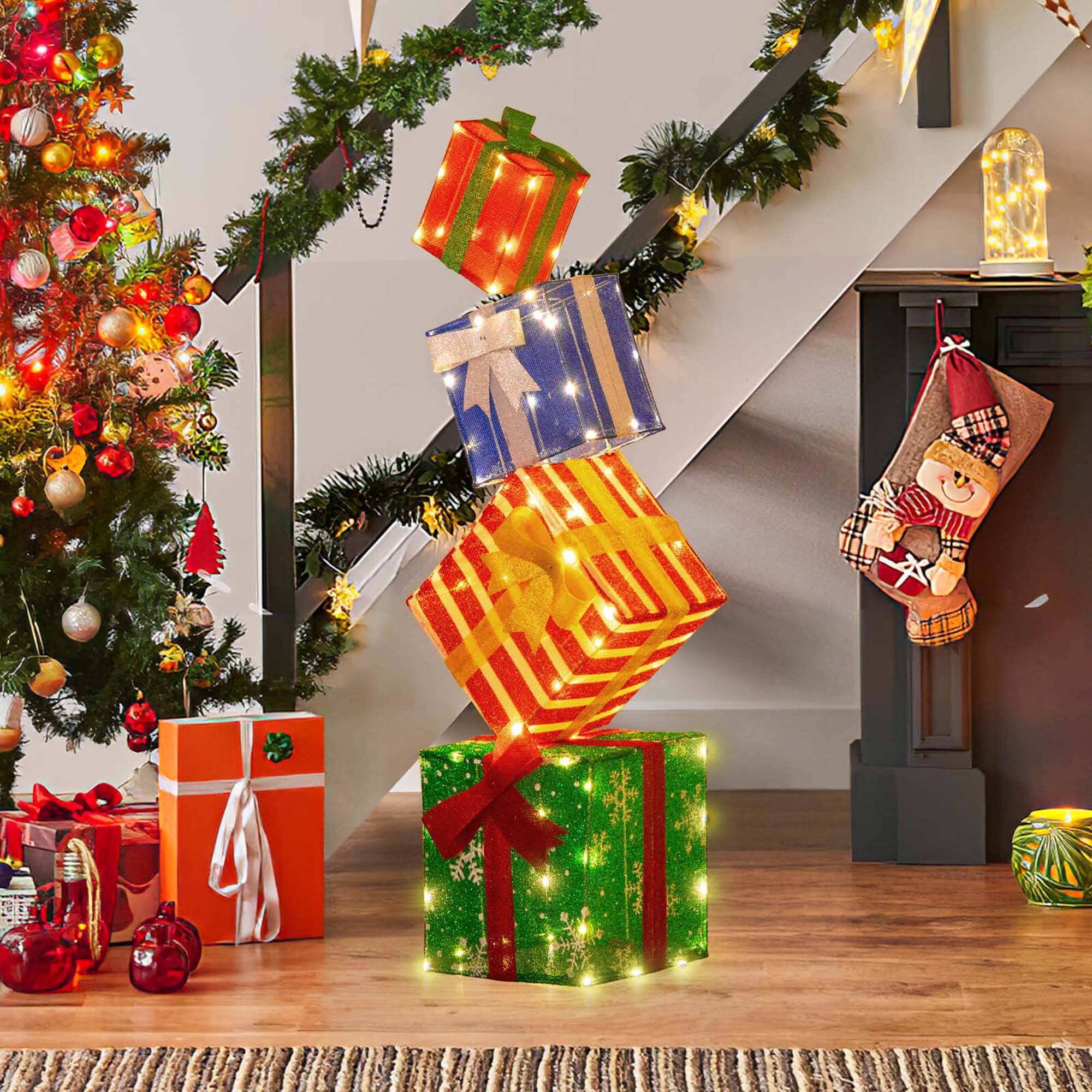 Alt View 4. Costway - Costway Lighted Gift Boxes Set of 4 with Warm White LED Lights & Pre-Assembled Ribbons - Multicolor.