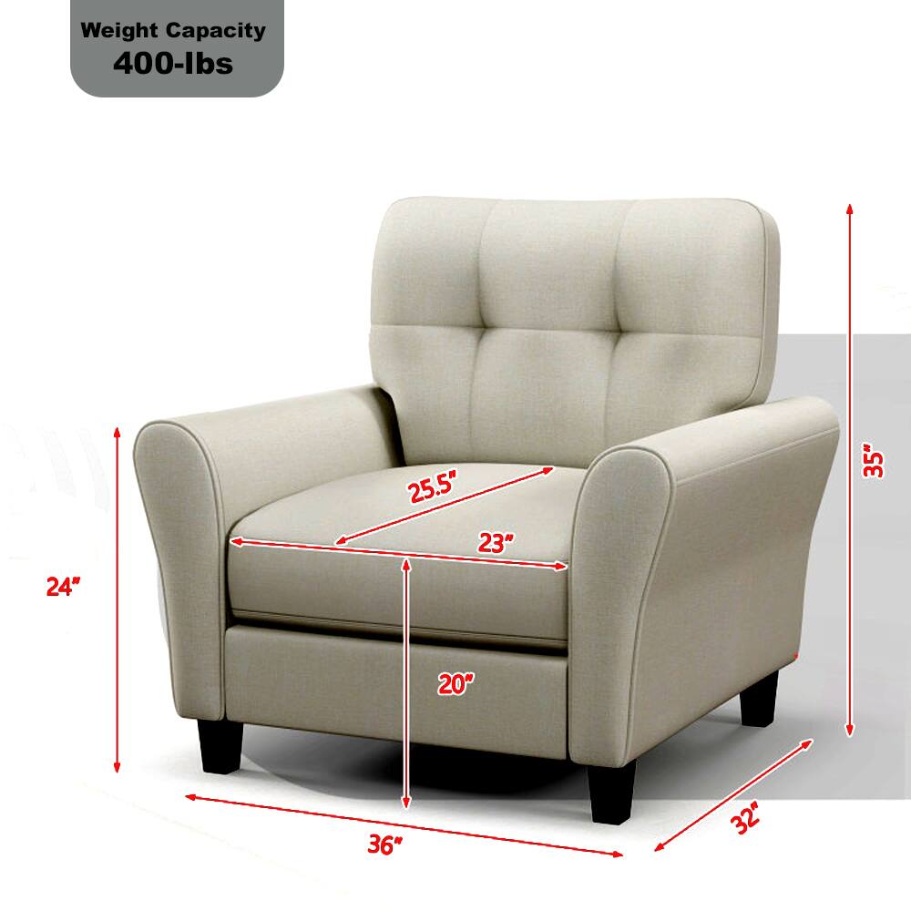 Weight Capacity: 400-lbs

Dimensions:
- Width: 36"
- Depth: 32"
- Height: 35"
- Seat Width: 24"
- Seat Depth: 20"
- Arm Height: 25.5"
- Arm Width: 23"