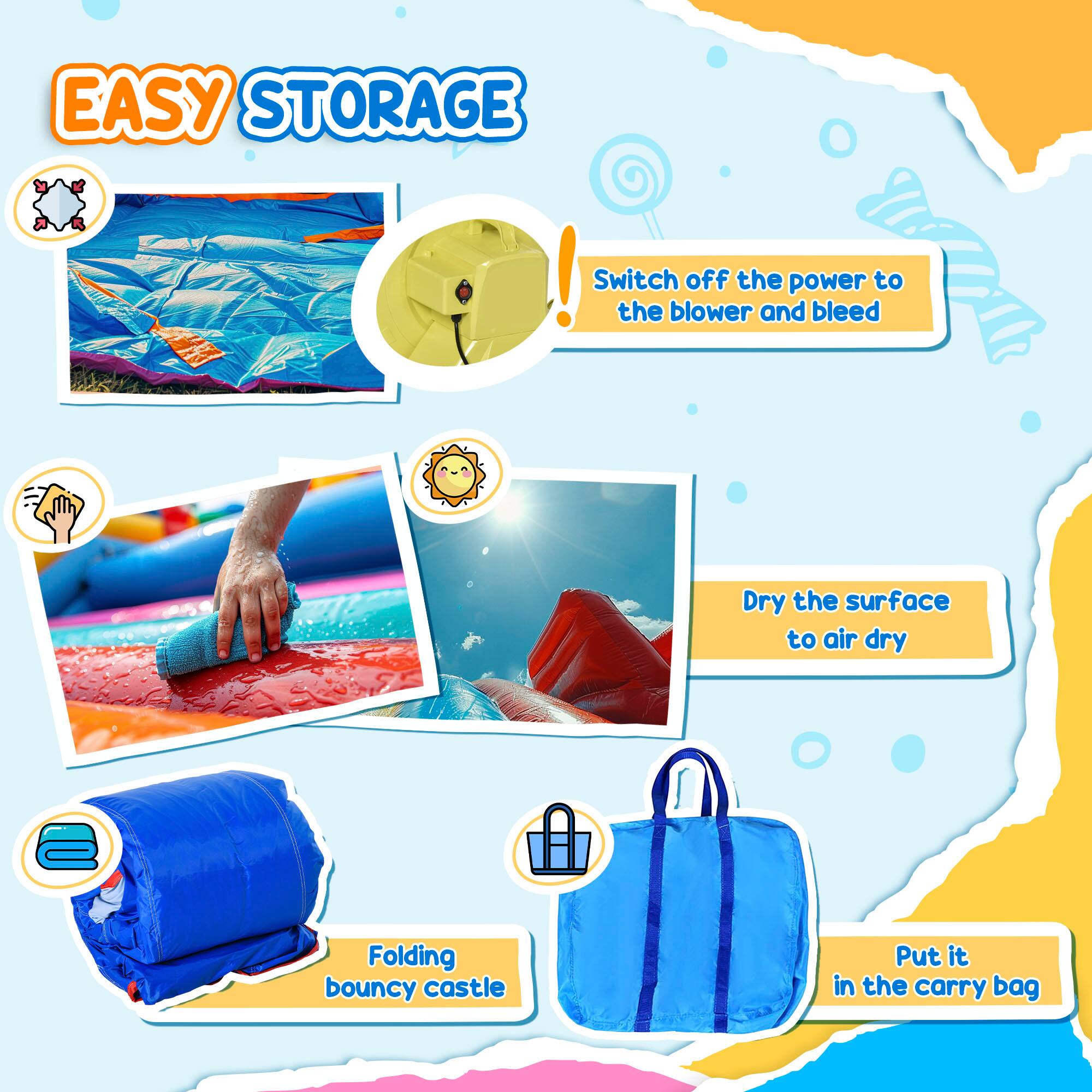 EASY STORAGE

- Switch off the power to the blower and bleed
- Dry the surface to air dry
- Folding bouncy castle
- Put it in the carry bag