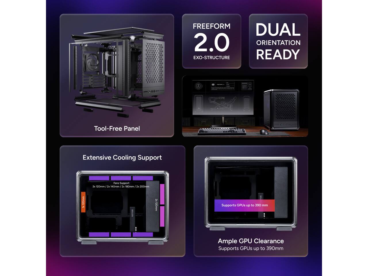 FREEFORM 2.0 EXO-STRUCTURE DUAL ORIENTATION READY Tool-Free Panel Extensive Cooling Support Fans Support 3 x 120mm / 2 x 140mm / 2 x 180mm / 2 x 200mm AOE 2 2s WAHOZI Supports GPUs up to 390 mm Ample GPU Clearance Supports GPUs up to 390mm