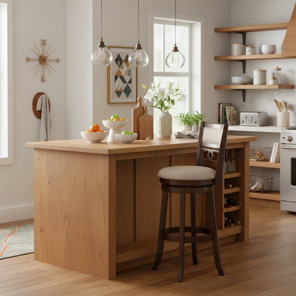 Alt View 4. FurniFact - Brown Solid Wood 29" Swivel Bar Stool - Cherry.