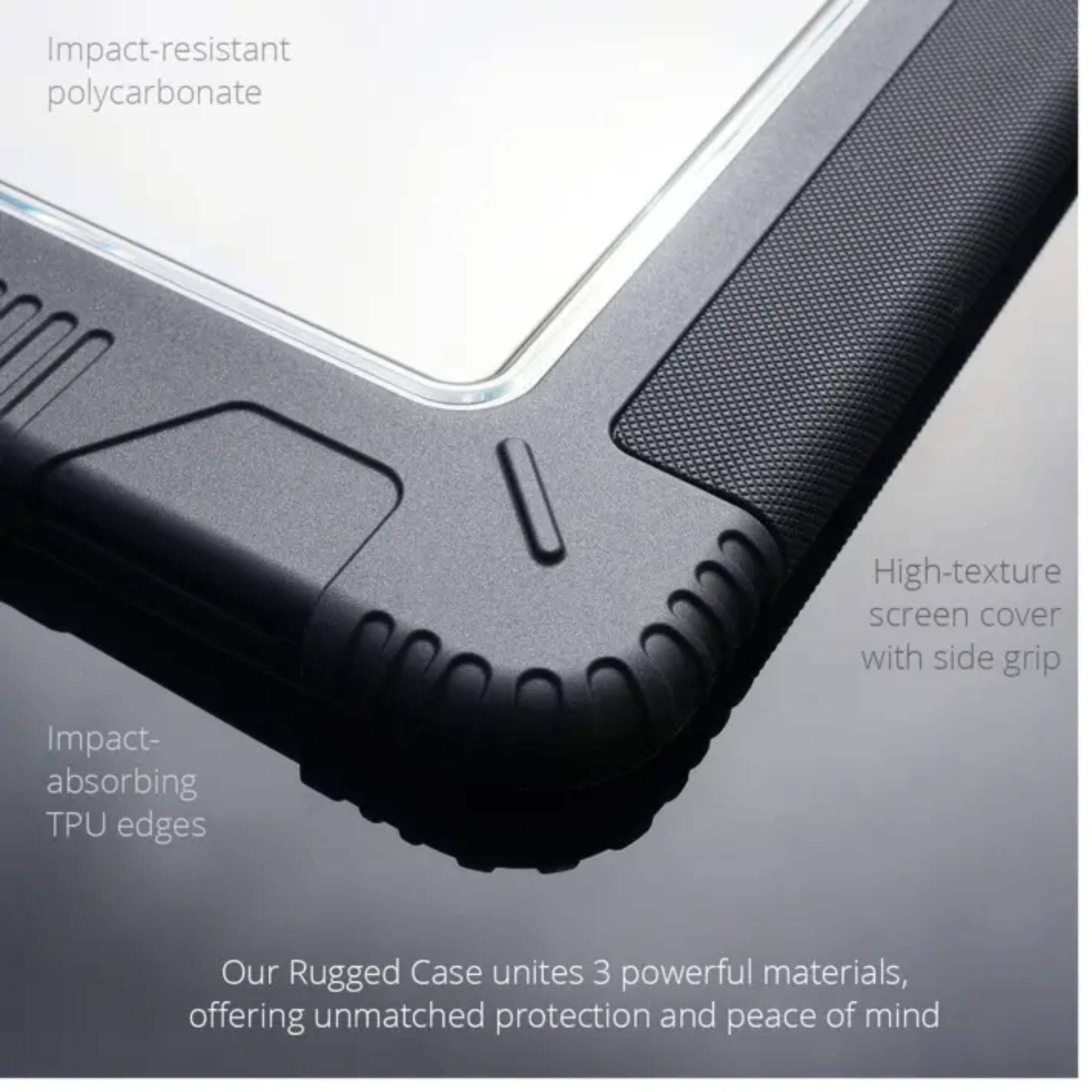 Impact-resistant polycarbonate  
High-texture screen cover with side grip  
Impact-absorbing TPU edges  

Our Rugged Case unites 3 powerful materials, offering unmatched protection and peace of mind