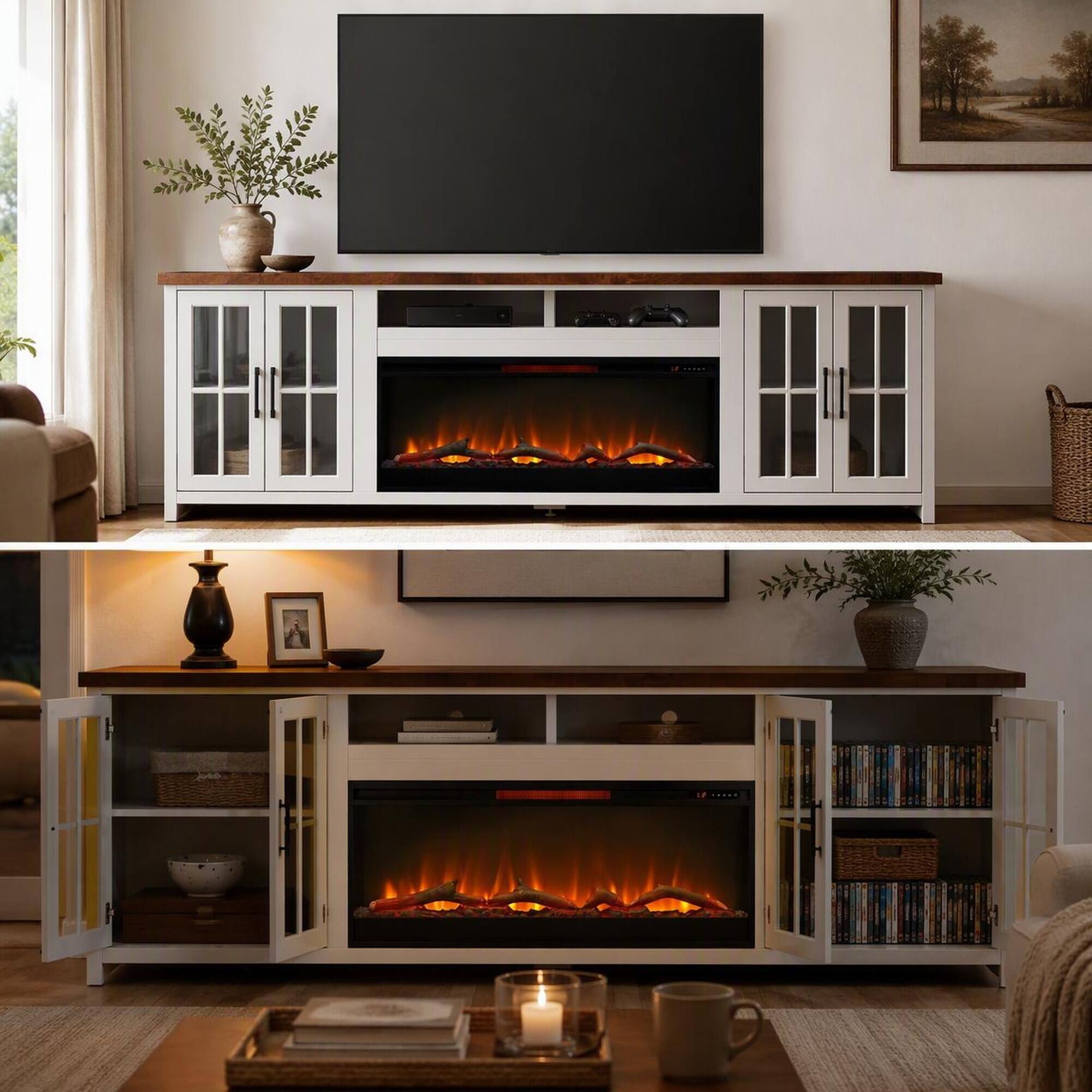 Alt View 2. RYHNUYNE - 97 Inch Farmhouse Fireplace TV Stand With 42 Inch Electric Fireplace, Wood Glass Media Console Fits 100 Inch TVs - White.