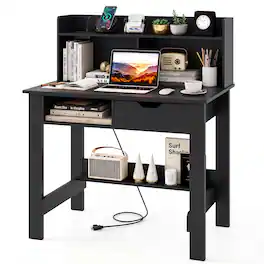Costway - Computer Desk with Drawer & Hutch, Home Office Writing Desk with Charging Station & Storage Shelves - Black