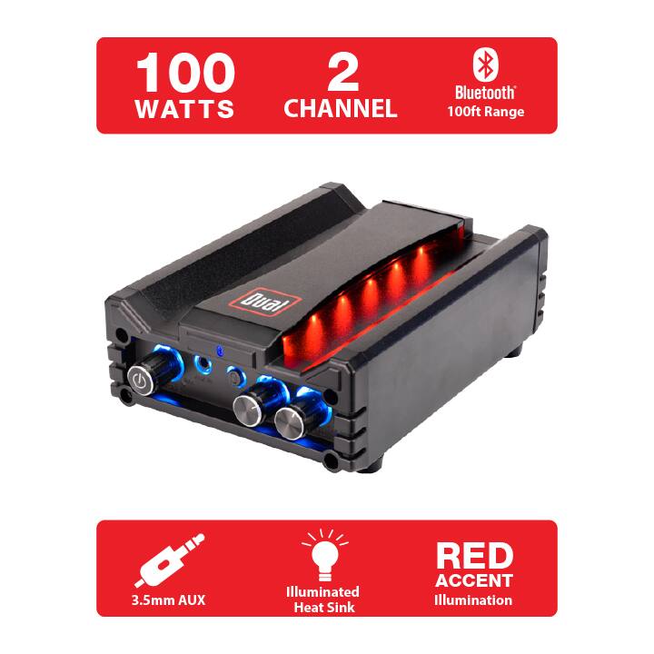 100 WATTS CHANNEL  
2  
Bluetooth 100ft Range  
Dual  
3.5mm AUX  
Illuminated Heat Sink  
RED ACCENT Illumination