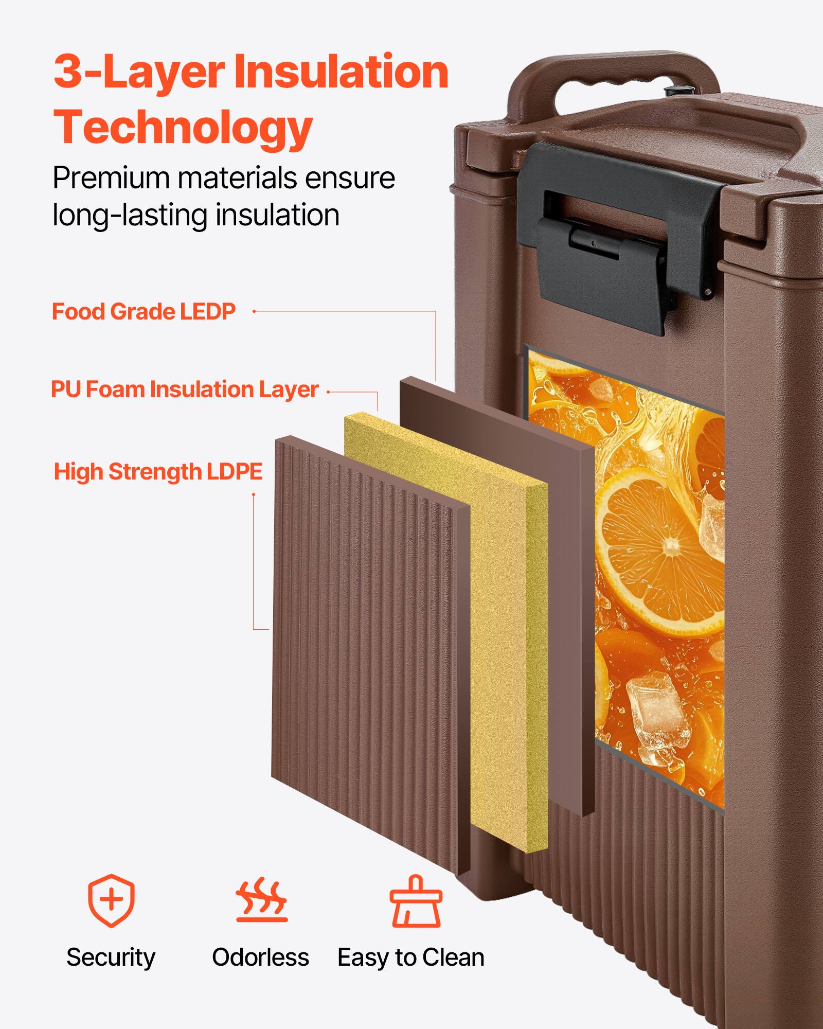 3-Layer Insulation Technology  
Premium materials ensure long-lasting insulation  

Food Grade LEDP  
PU Foam Insulation Layer  
High Strength LDPE  

Security  
Odorless  
Easy to Clean
