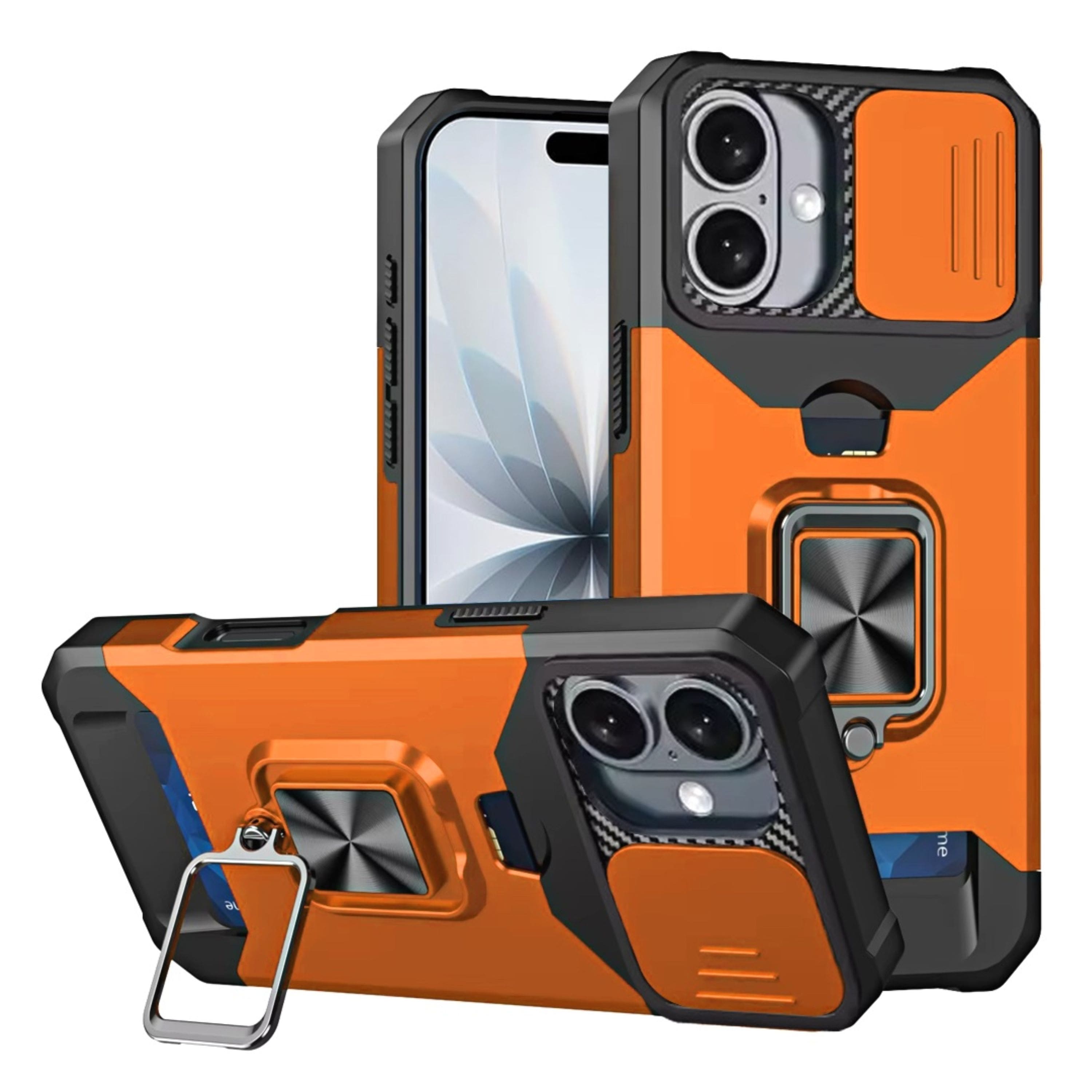 Kitcheniva - Multi-Use Card Holder Stand Phone Case With Lens Cover Tempered Glass For iPhone 17 - Cosmic Orange