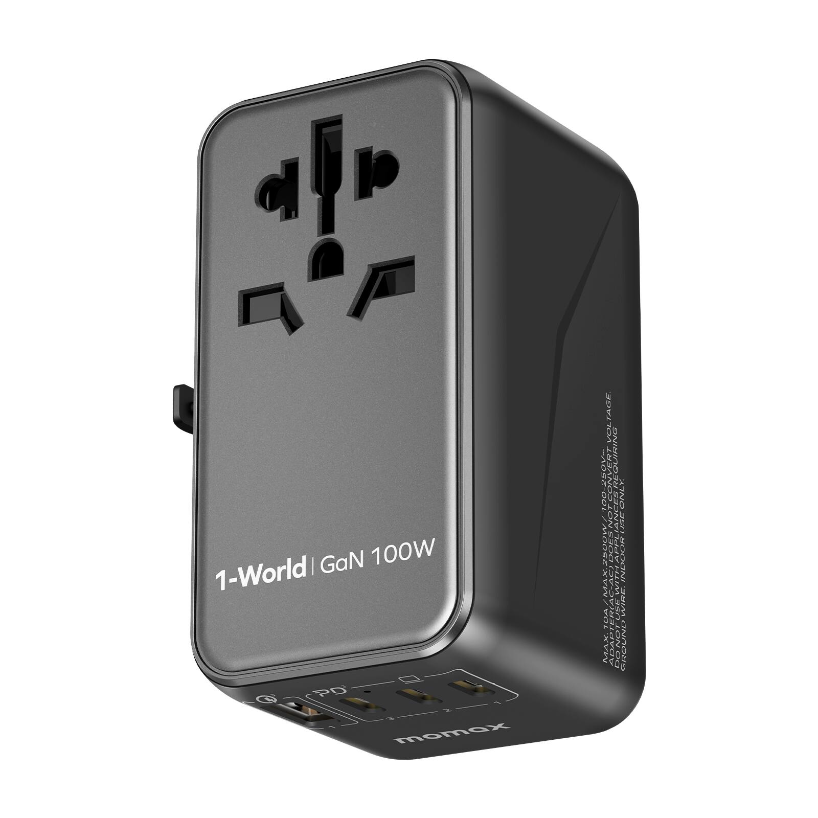 Momax - 100W Universal Travel Adapter, 5-in-1 4-Port GaN International Power Adapter for Laptop, Phone, Travel Essentials - Black