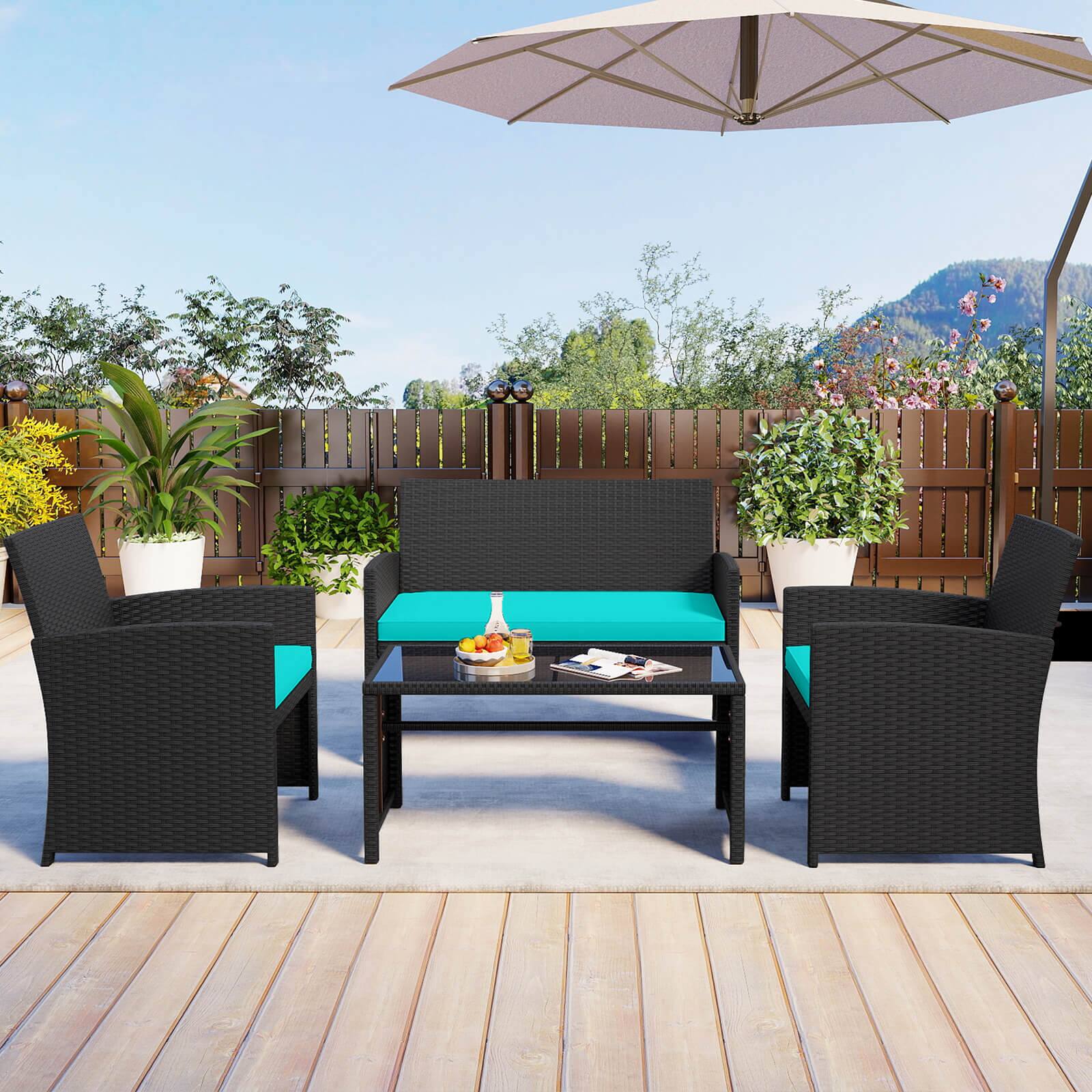 Alt View 3. Costway - Costway 8 PCS Patio Conversation Set with Seat Cushions & Tempered Glass Tabletop, Porch - Turquoise,Black.