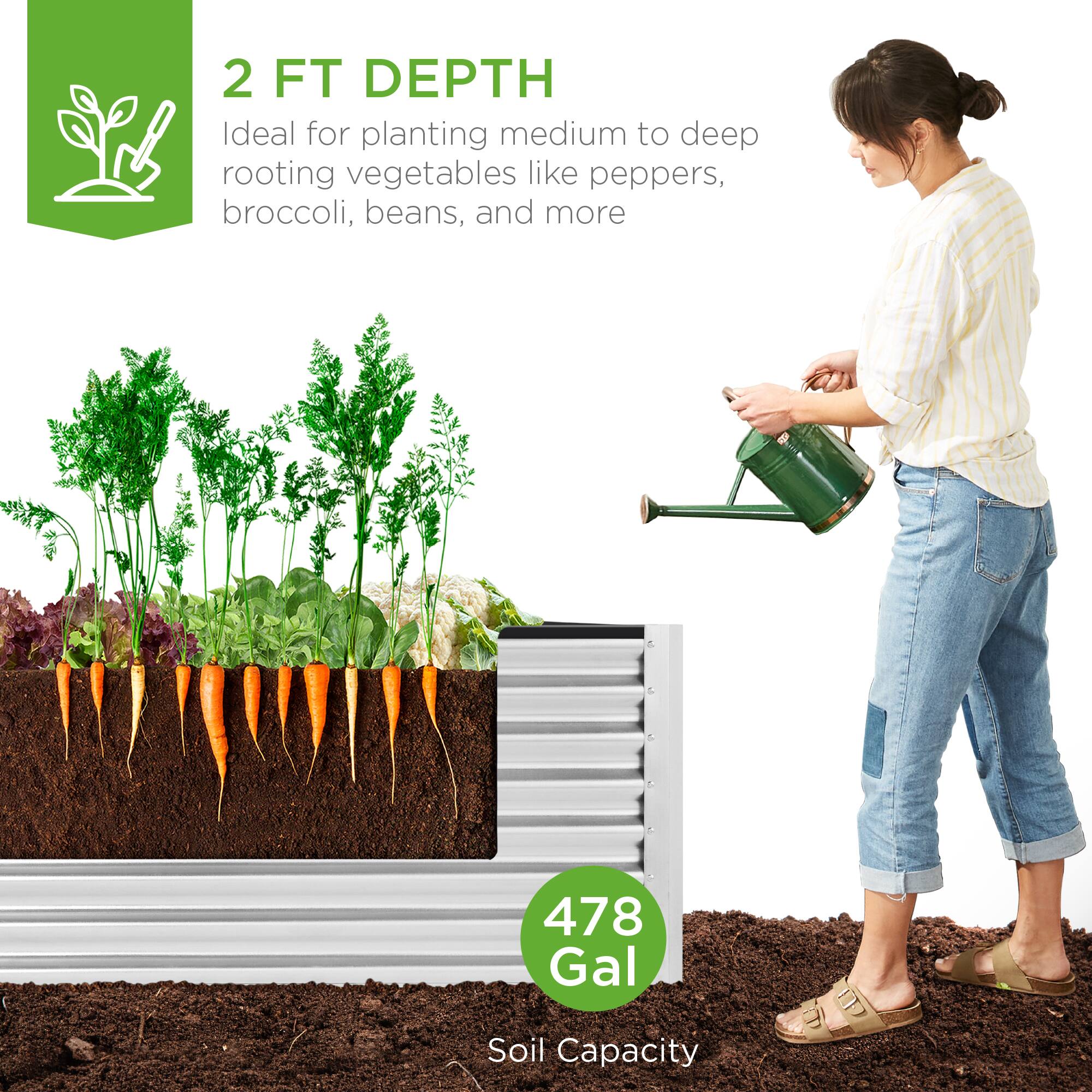 2 FT DEPTH  
Ideal for planting medium to deep rooting vegetables like peppers, broccoli, beans, and more  

478 Gal Soil Capacity