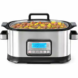 RYHNUYNE - 11-in-1 Multi Slow Cooker Roaster Oven, 6.5QT Digital Programmable Multicooker, Removable Nonstick Crock, Glass Lid - Silver