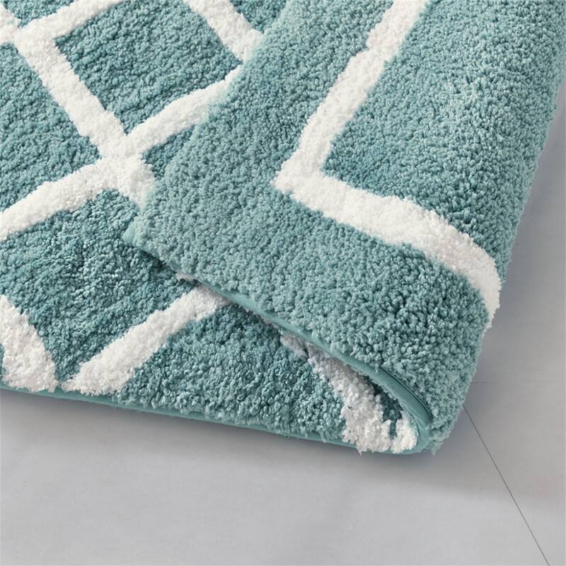 Alt View 2. HTUTWOO - Reversible High Pile Tufted Bath Rug - 24x60" Microfiber Bathroom Mat, Geometric to Stripes Reversible, Machine Washable - AQUA.
