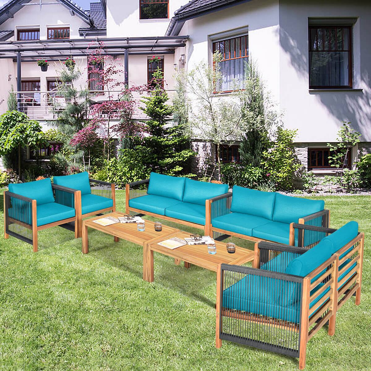 Alt View 1. Costway - Costway 8 PCS Wood Outdoor Patio Furniture Set with Cushions White Turquoise Cushion Cover Sets - Turquoise.