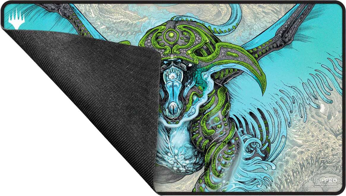 Angle. Ultra PRO - Tarkir Dragonstorm Ureni, the Song Unending Black Stitched Playmat for Magic: The Gathering.