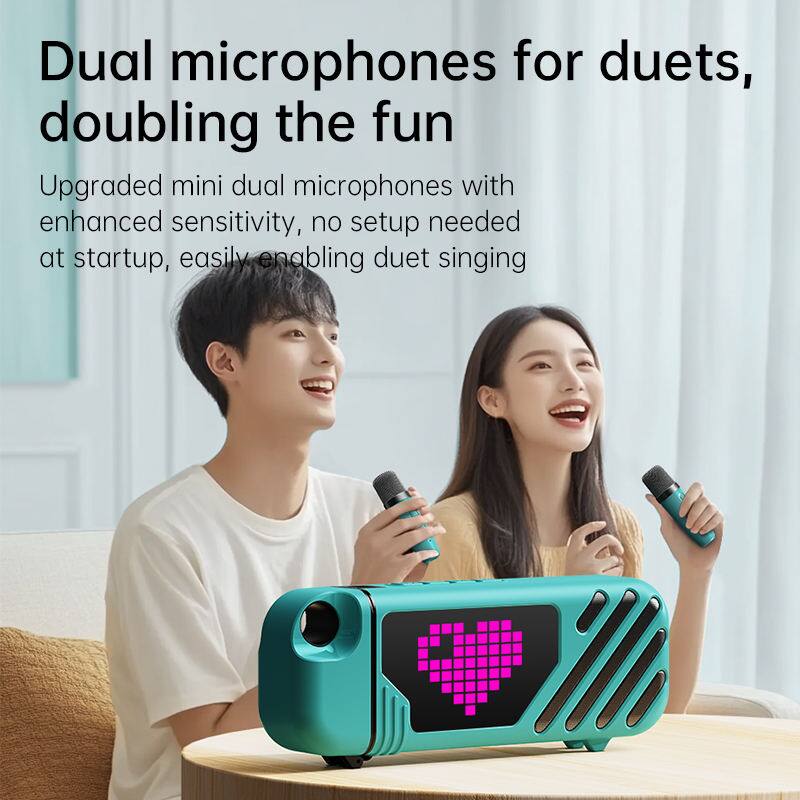 Dual microphones for duets, doubling the fun

Upgraded mini dual microphones with enhanced sensitivity, no setup needed at startup, easily enabling duet singing